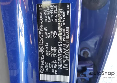 2022 Hyundai Tucson Sel z USA, uszkodzony, nr VIN 5NMJFCAE1NH030081